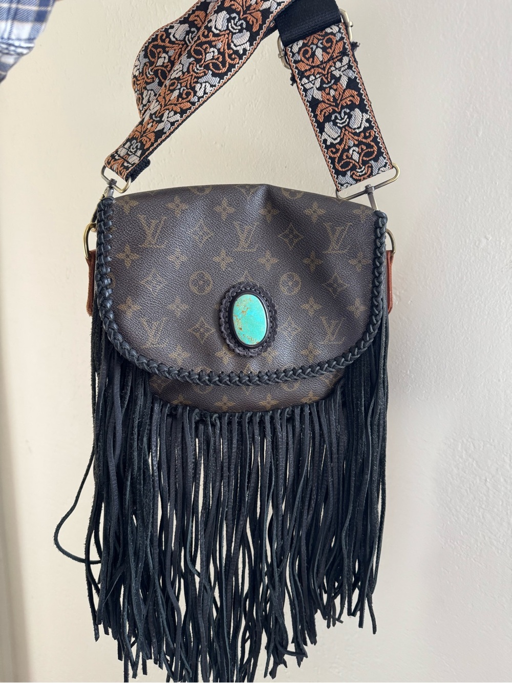 Louis Vuitton Brown Monogram Fringe Crossbody with Turquoise Stone